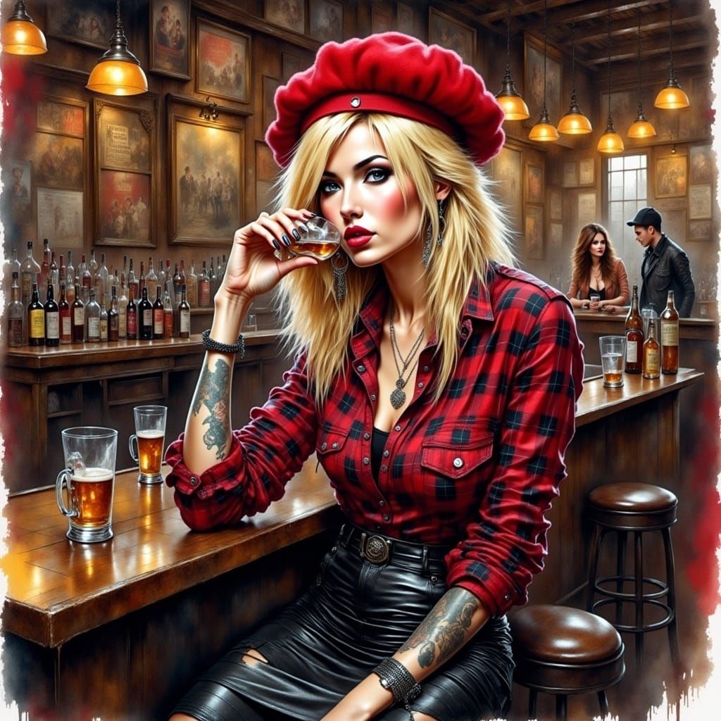 <lora:GrungepunkFlux:1.0> full portrait of stunning woman , red beret, leather skirt, red plaid shirt , blond messy hair in bar, drinking wa...