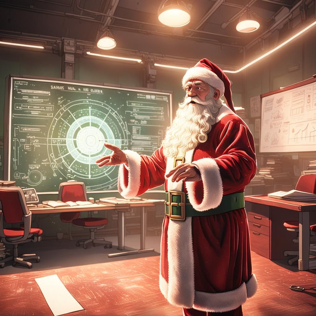 Santa Claus Encourages Elf in Cinematic 3D Rendering