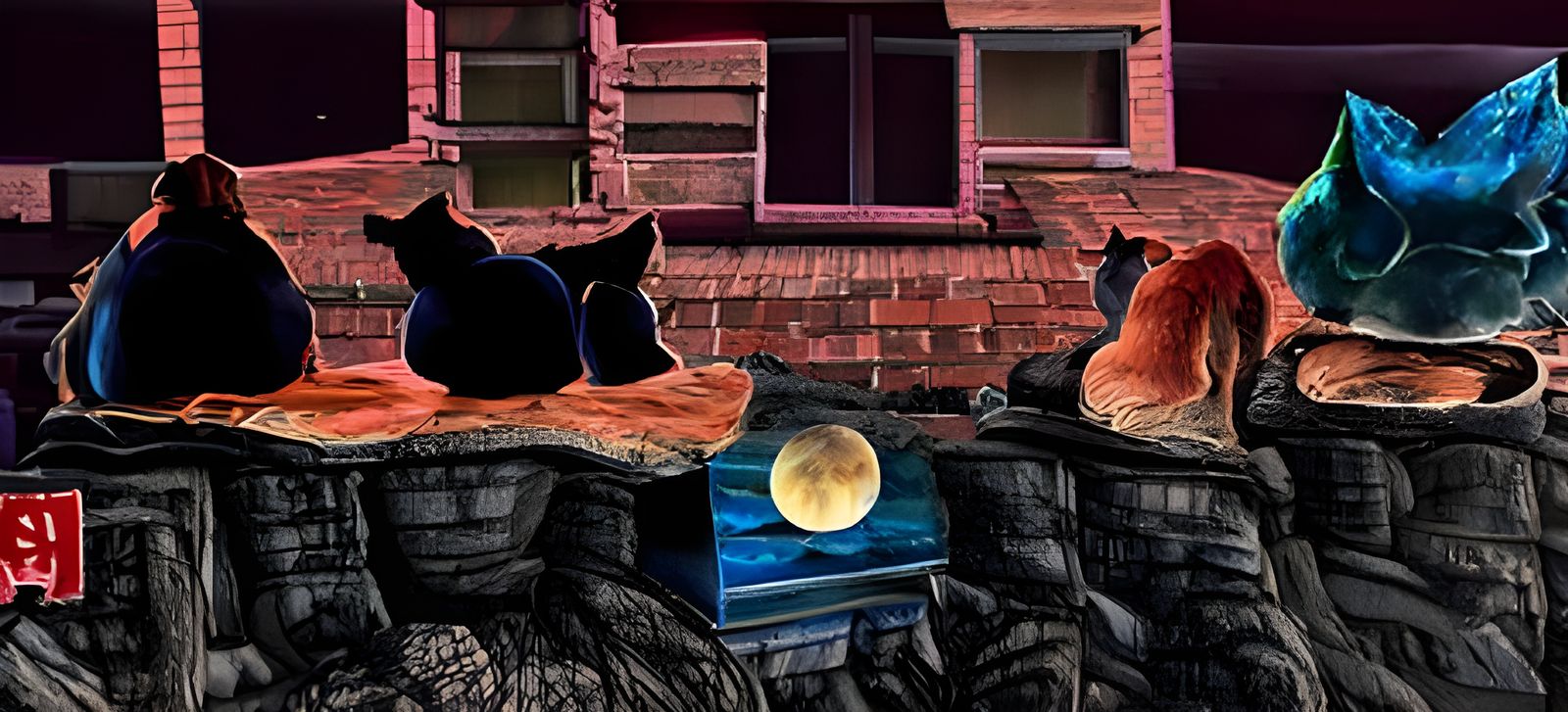 Three Cats are sitting on a rooftop and are watching the moo...