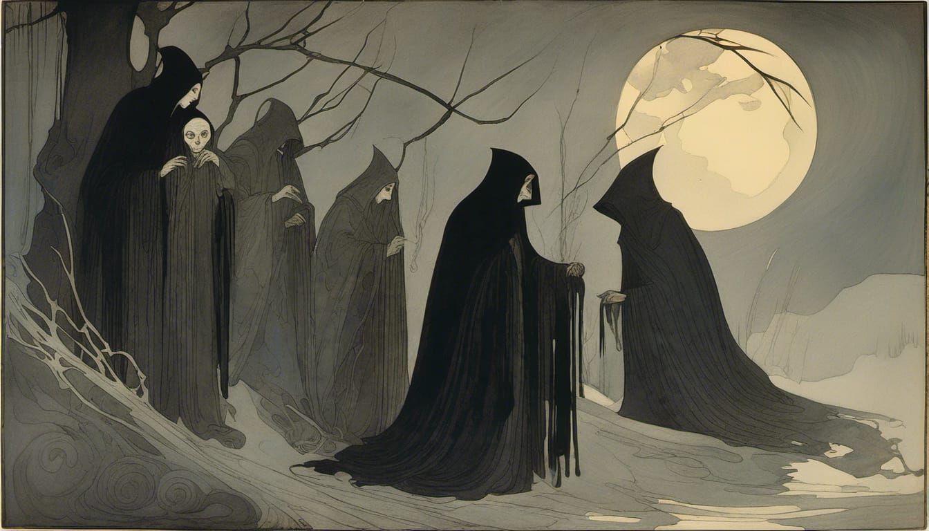 "The Crones". Ominous, Magical, Intricately Designed, Elegant, Scenic, Hyper-Detailed, Delicate; Complex, detailed storybook illustration by...