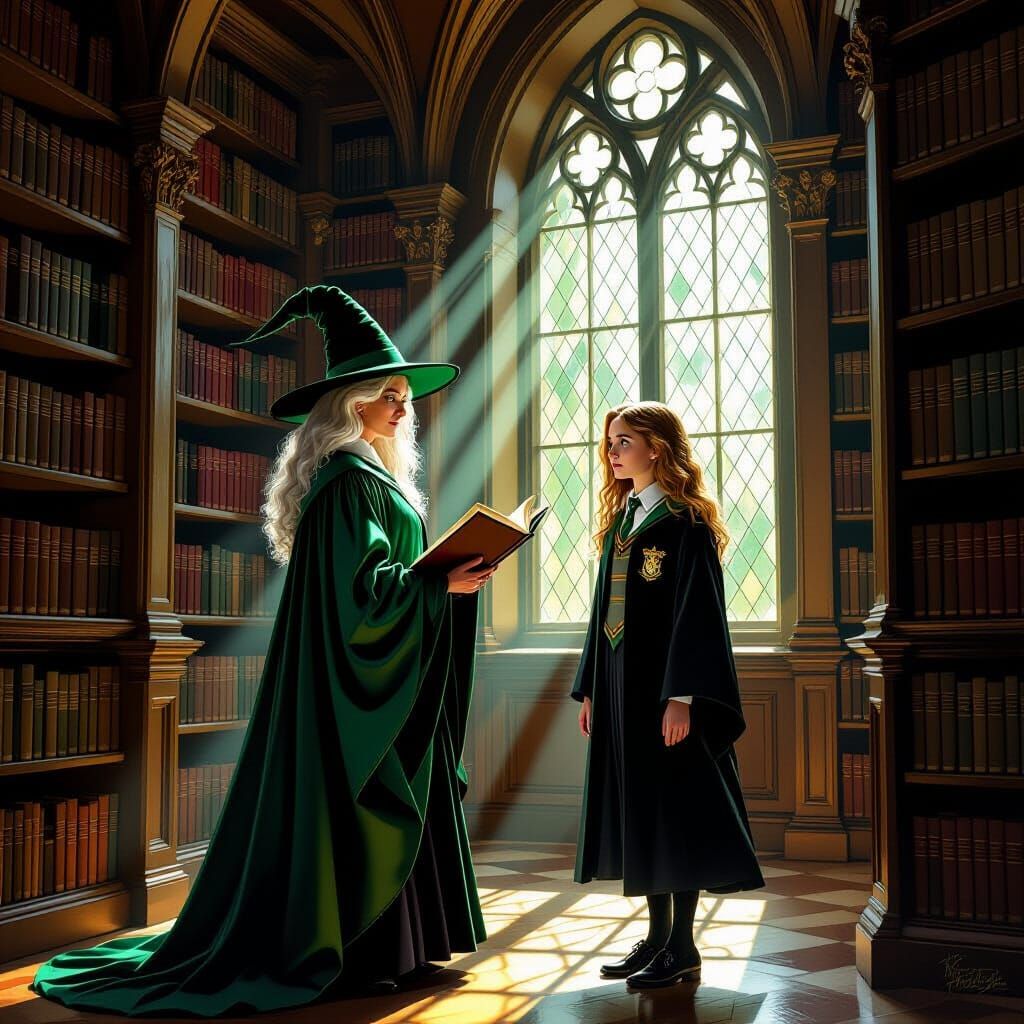Professor McGonagall and Hermione in a Grand Library