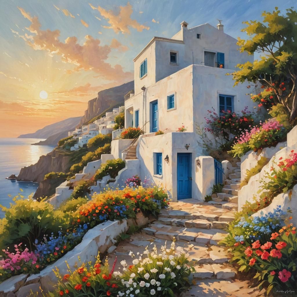 Greek Island Sunset: Impressionist Oil Painting