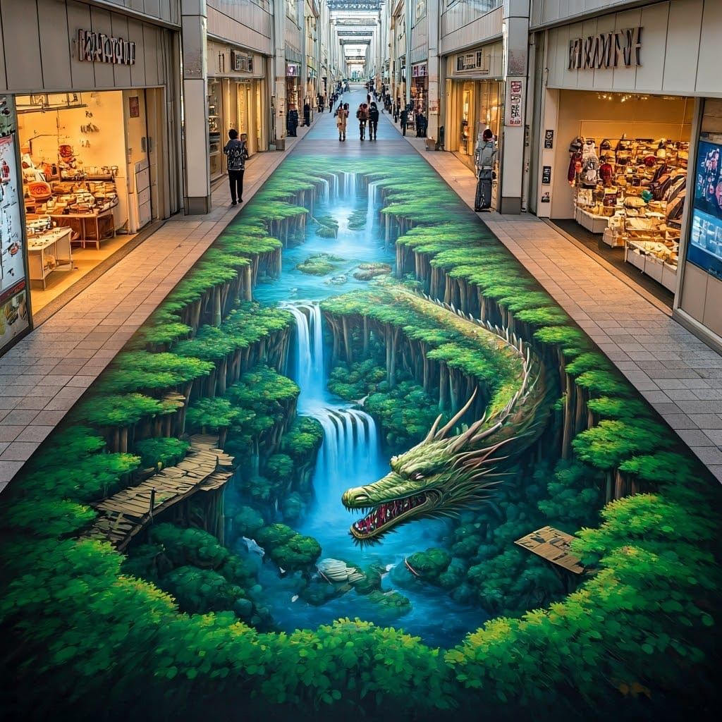 "an Optical illusion spray paint Street art painting on a Japanese shopping district, a detailed painting ...  by @Kindly Offer