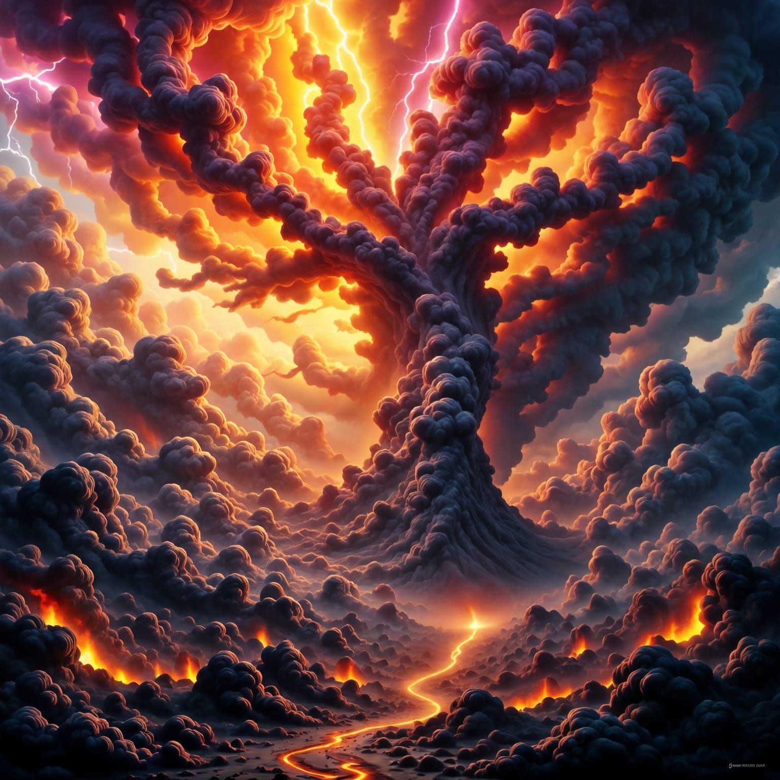 The devil will come in the Eye of the Storm, neon electric lightning, fire, colorful swirling clouds <lora:Eye of the Storm:1.0>