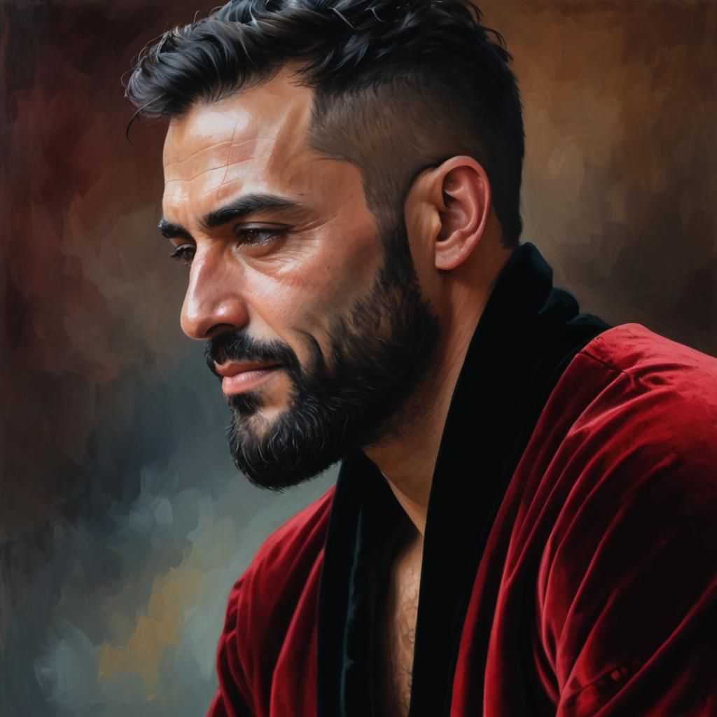 A thoughtful, pensive, handsome Afghan with black hair and b...
