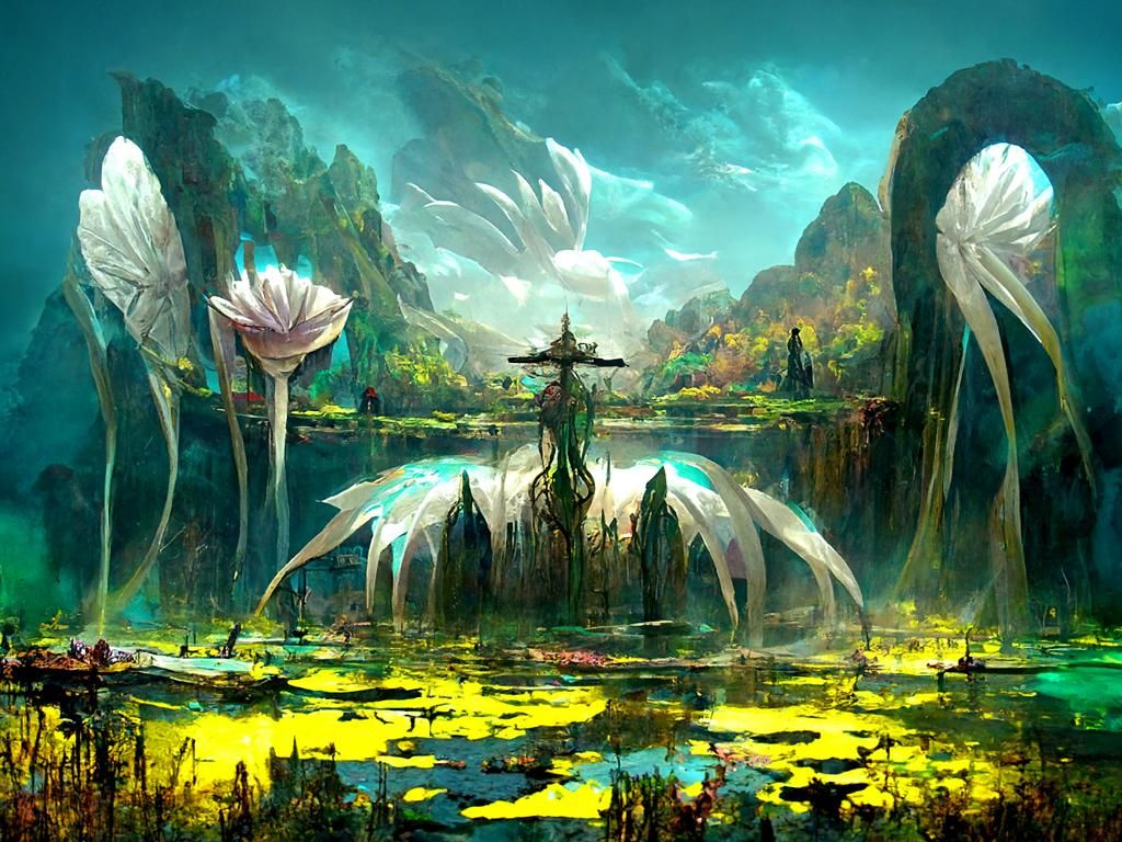Eldritch Angelic Fantasy Landscape with giant water lilies b...