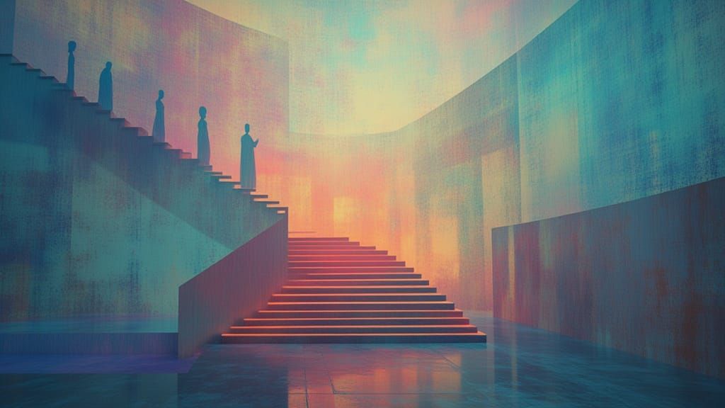 Abstract ethereal figures descending non-euclidean stairs through wafting clouds of spirit vapor; impeccable top lighting, contrasting depth...