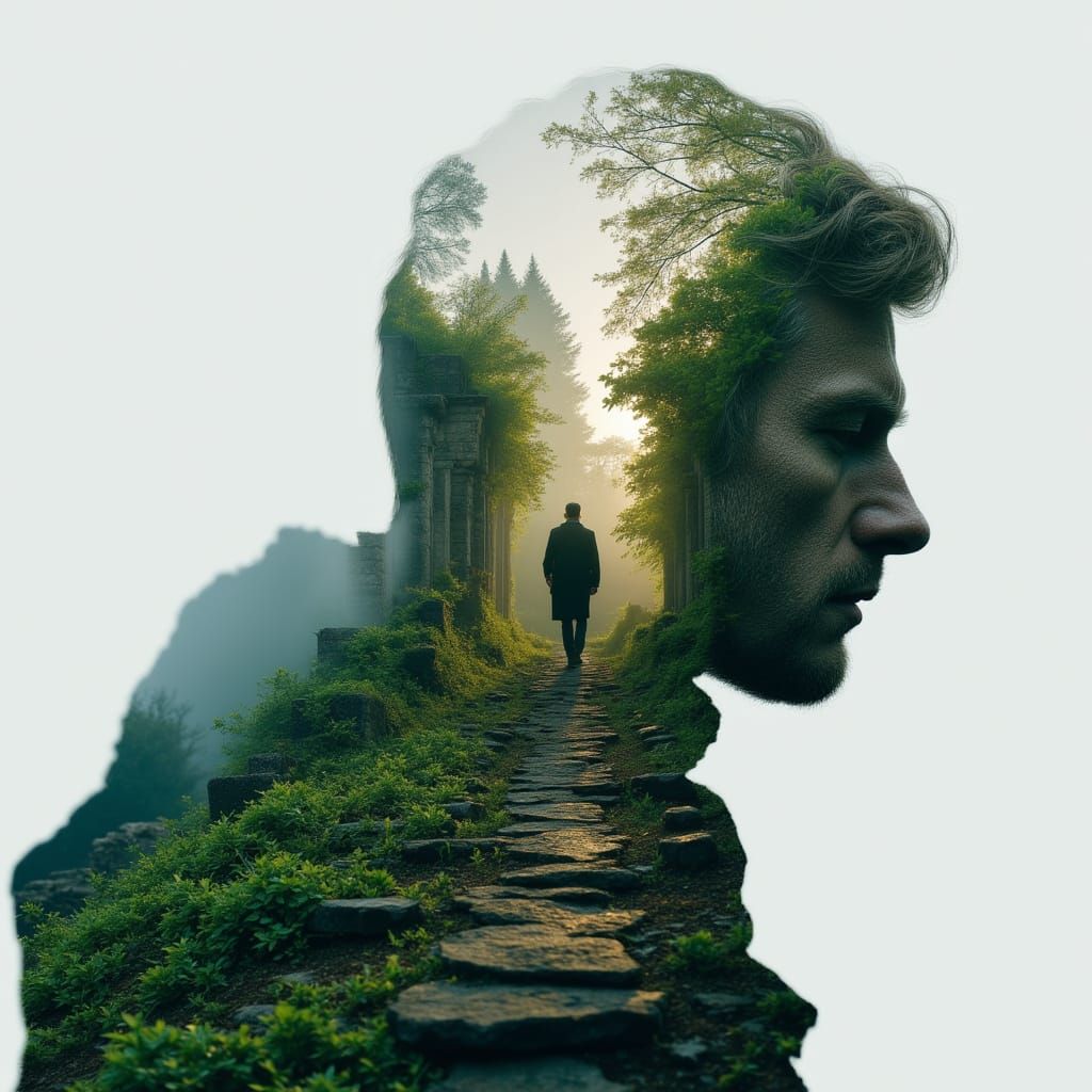 <lora:MJ7 Double Exposure:1.0> Double exposure photography of a man’s silhouette with ancient ruins overgrown with ivy, sharp focus, double ...