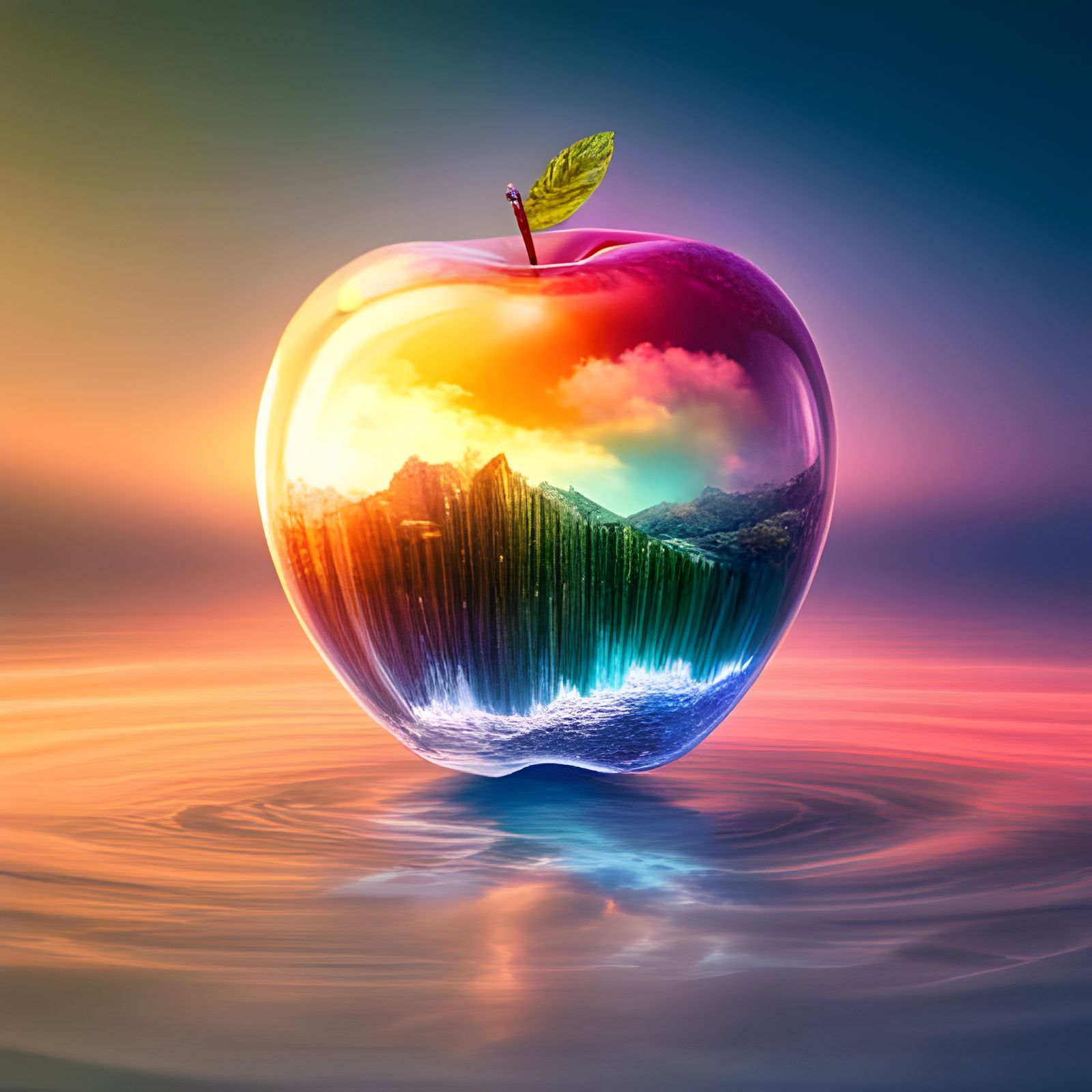 Crystal apple, rainbow reflection , double exposure, 8k, high definition, high resolution   by @Zainul Abideen