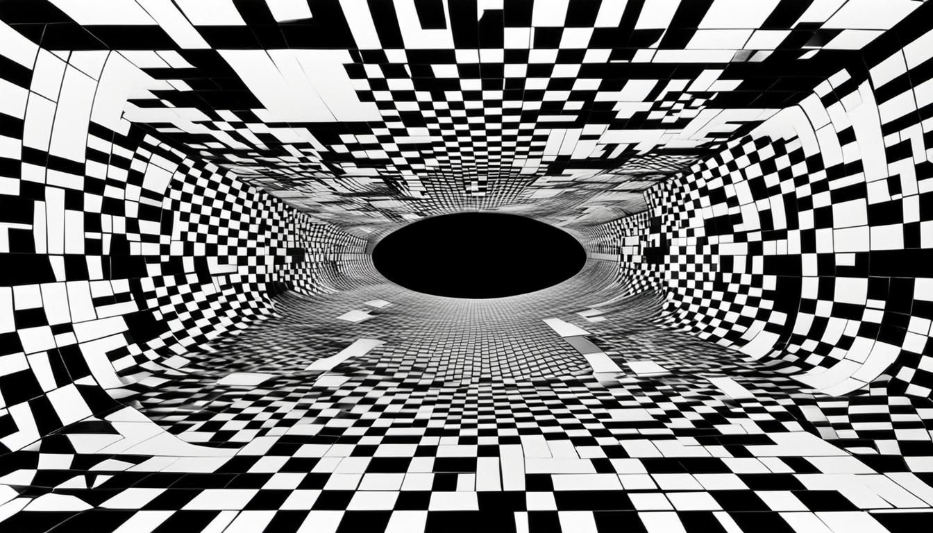 human city, Optical illusion over a black white grid. asymme...