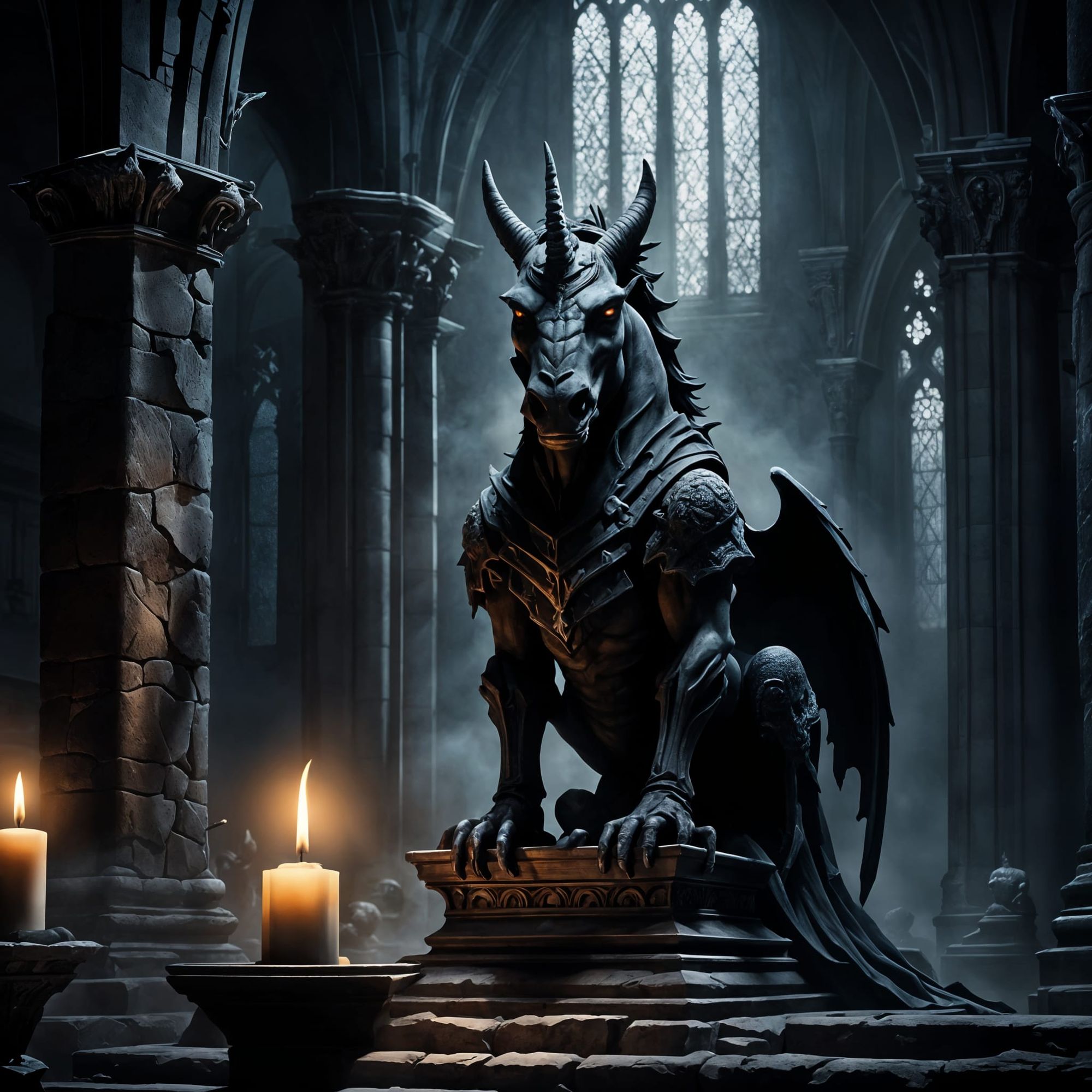 black unicorn gargoyle, gothic setting