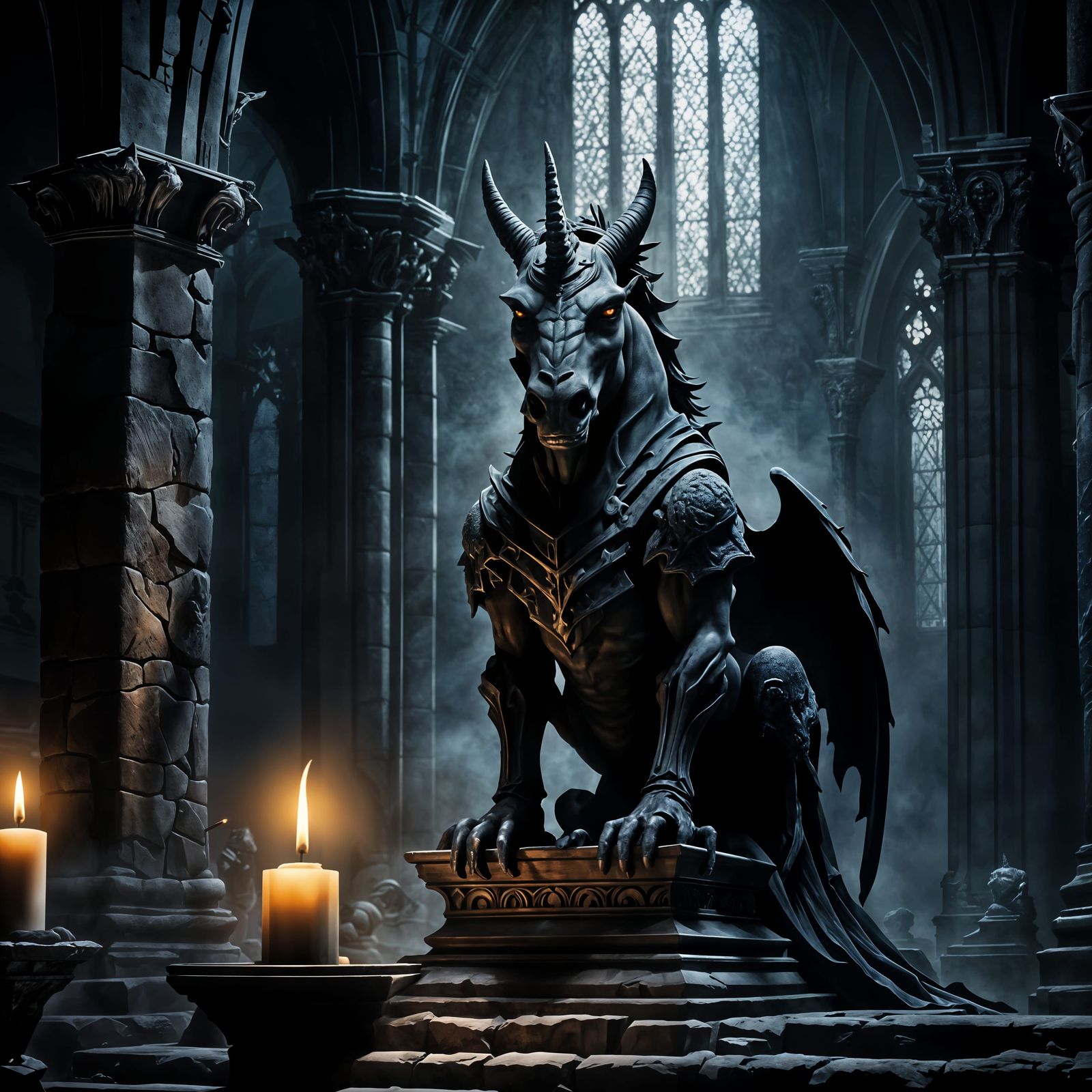 black unicorn gargoyle, gothic setting  by @Feeling Creative