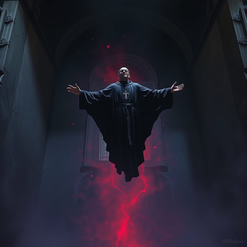 In a shattered chapel where time no longer breathes, a blindfolded priest floats above cracked marble, wrapped in robes blacker than regret....
