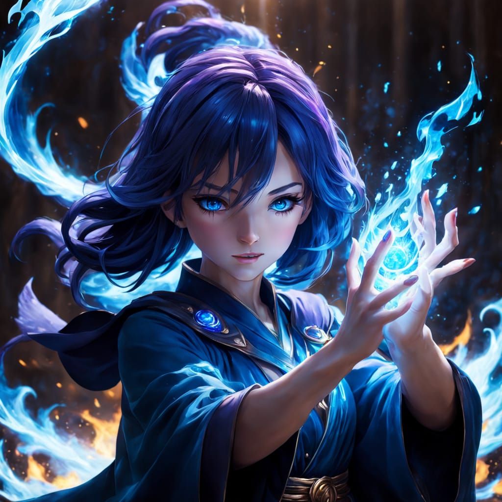 Splash art. Medium shot. An anime mage girl casts a powerful spell. Her hands are engulfed in realistic ...  by @DJDiztorted
