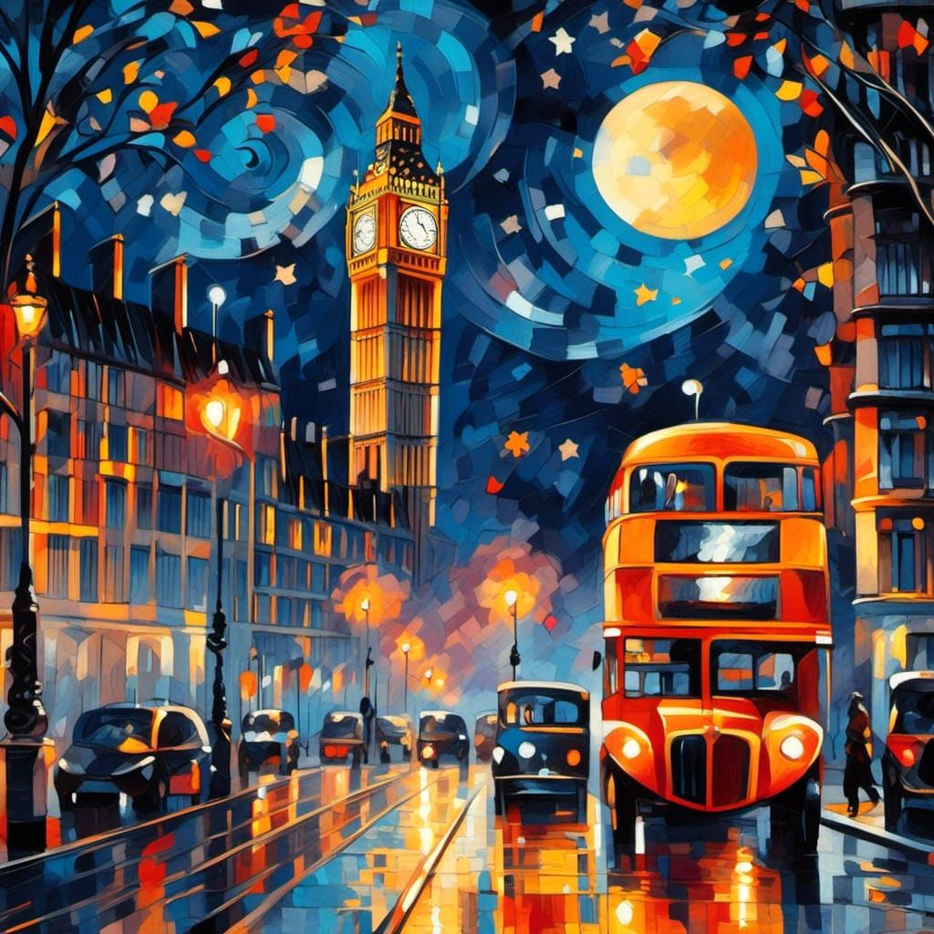 <lora:RomanticCompXL:1.0> Big Ben tower  London quarter view from the street colorful vibrant bold color midnight streetlight moon stars