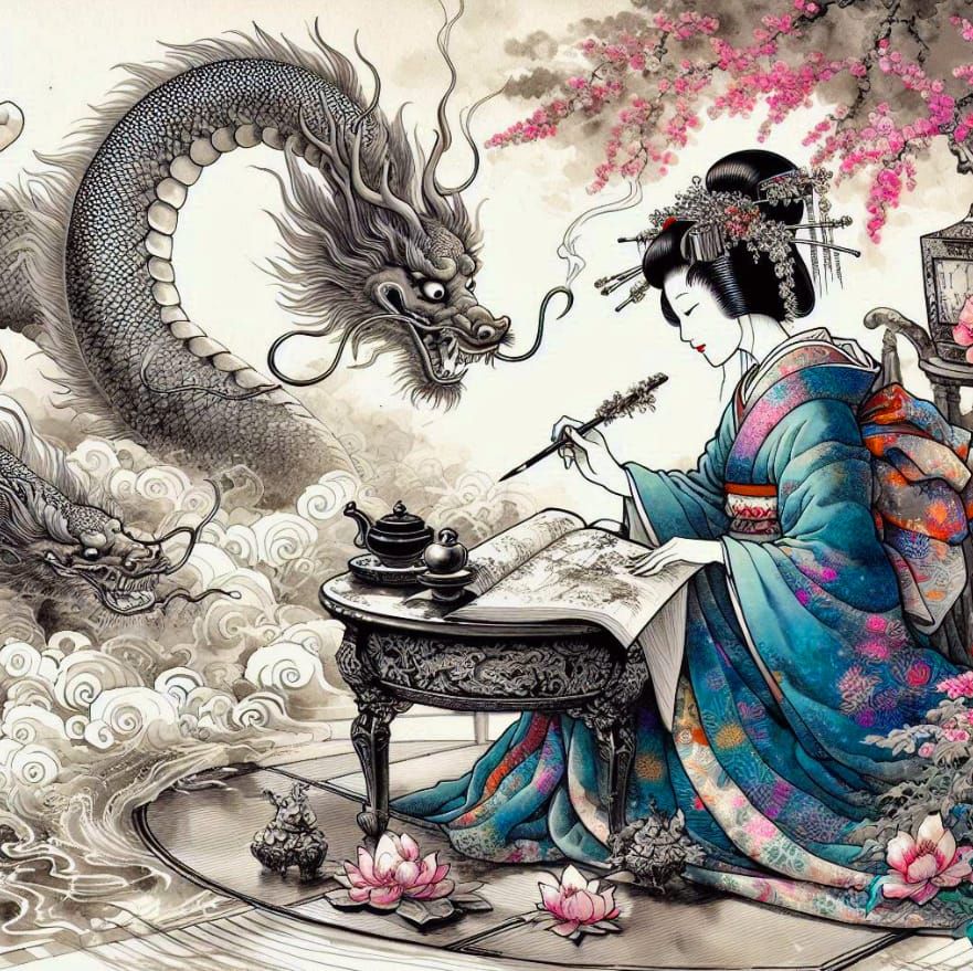 Murasaki Shikibu writing the tales of Genji