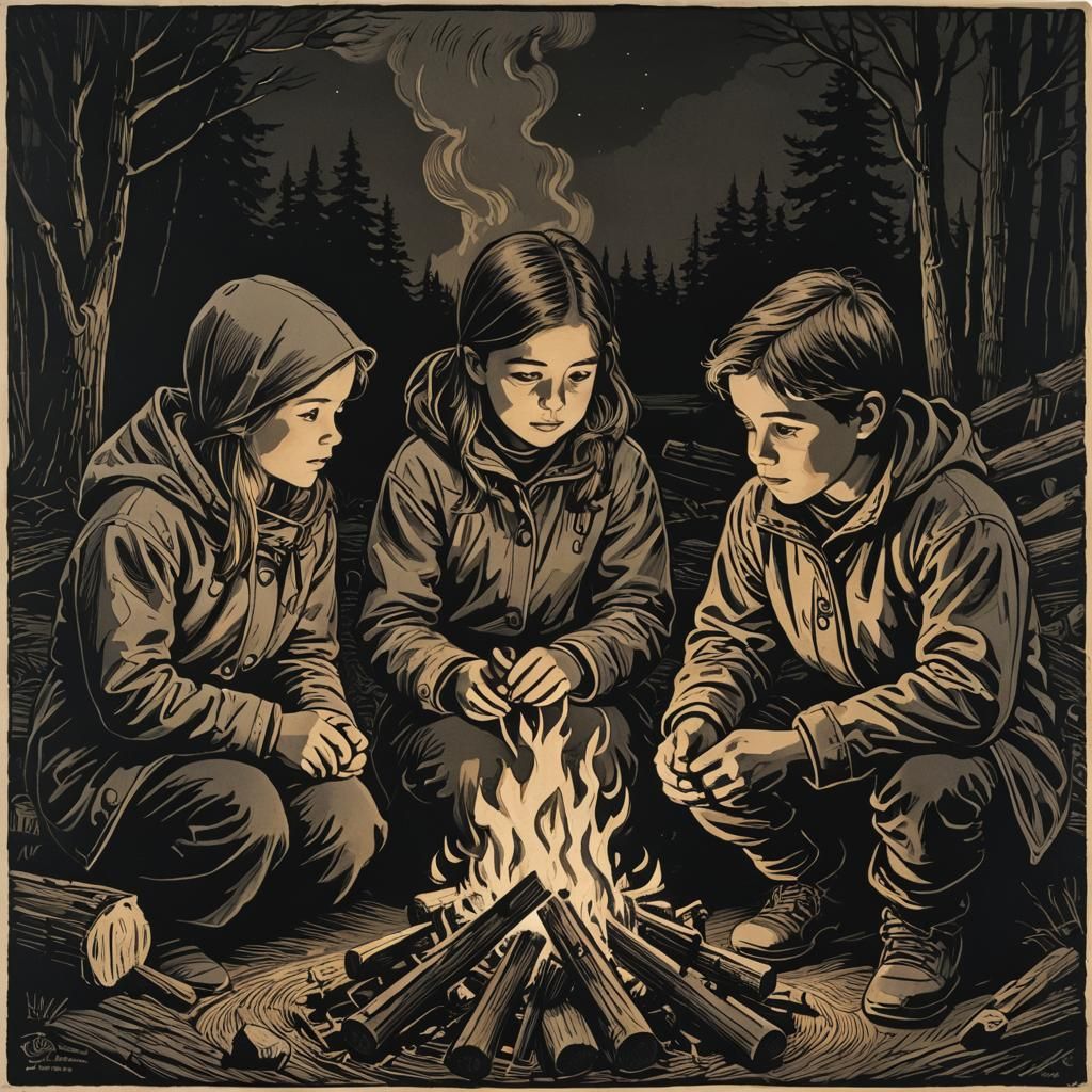 Chiaroscuro Woodcut Of siblings huddled around a campfire to keep warm ...