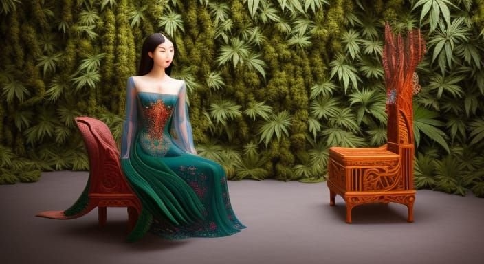 Woman Sitting In Surreal artisanal chair made entirely of Ca...