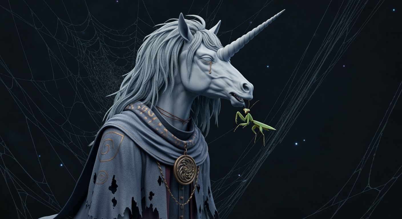 A unicorn, a praying mantis in a web of darkness.