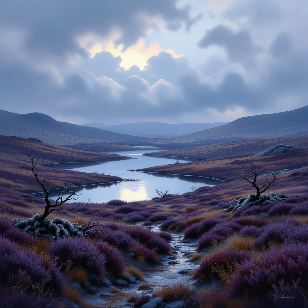 Celtic landscape of low hills under a vast moody sky