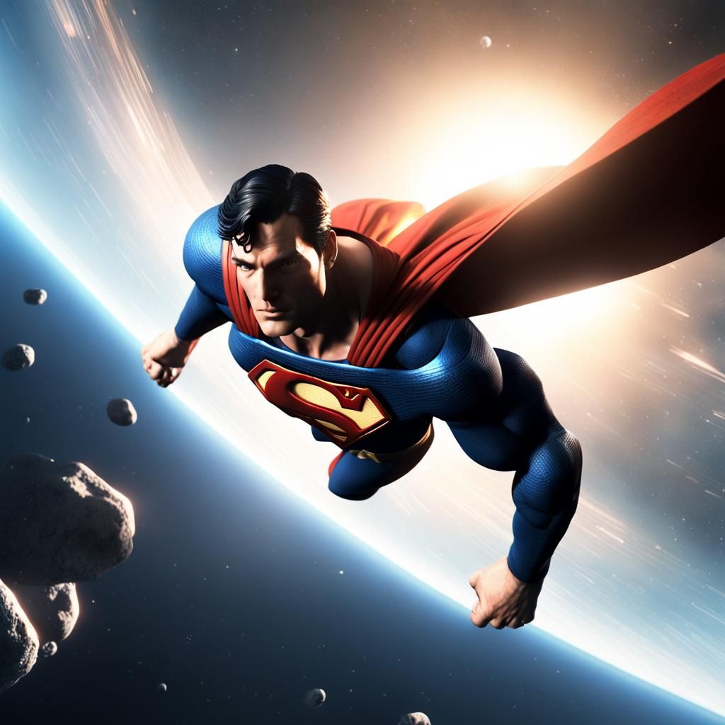 Incredible Superman, flying through space, close to a large ...