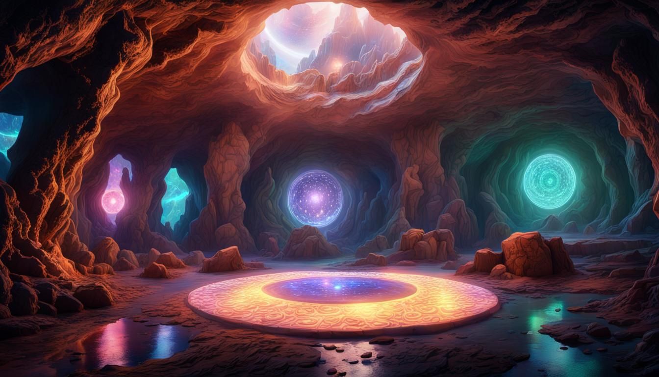 the inner space of a mystical cave with a domed ceiling, on ...