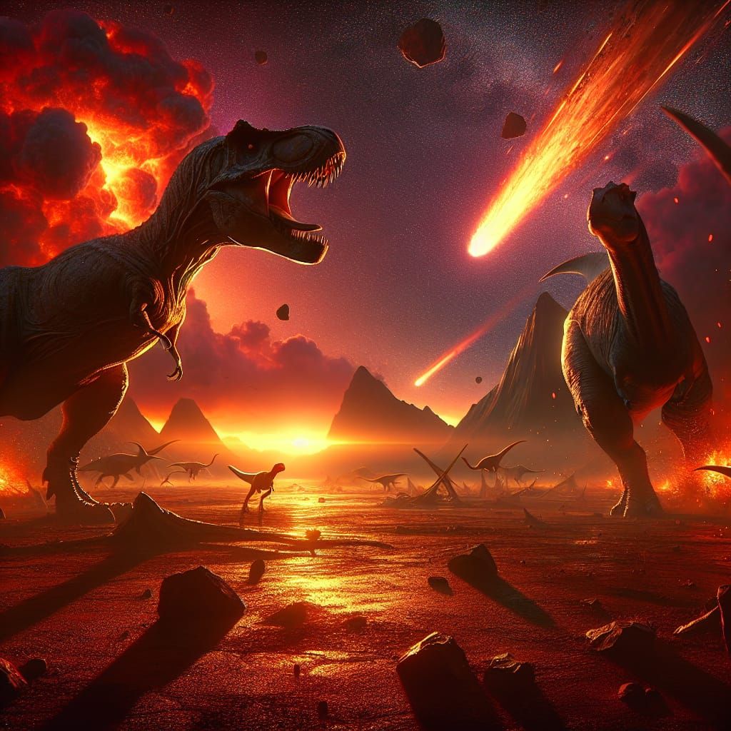 Tyrannosaurus rex, Diplodocus, fighting, horizon, asteroid, ...