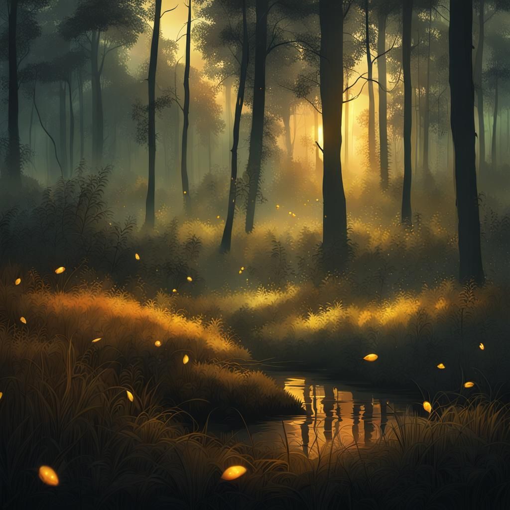 A dazzling sunset in foggy dark forest