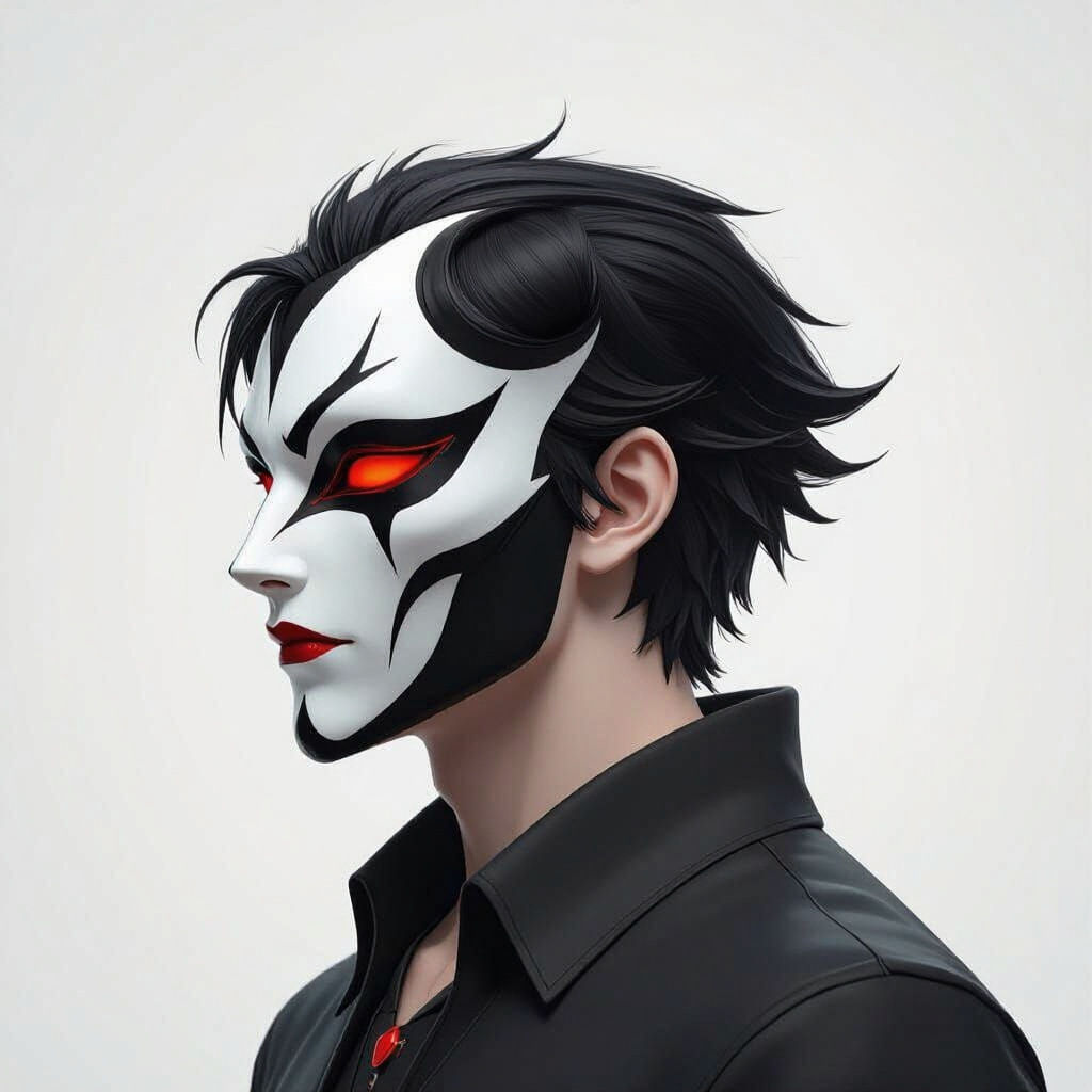 Picture of a man with devil black and white mask and a two red horn on his head from beside 