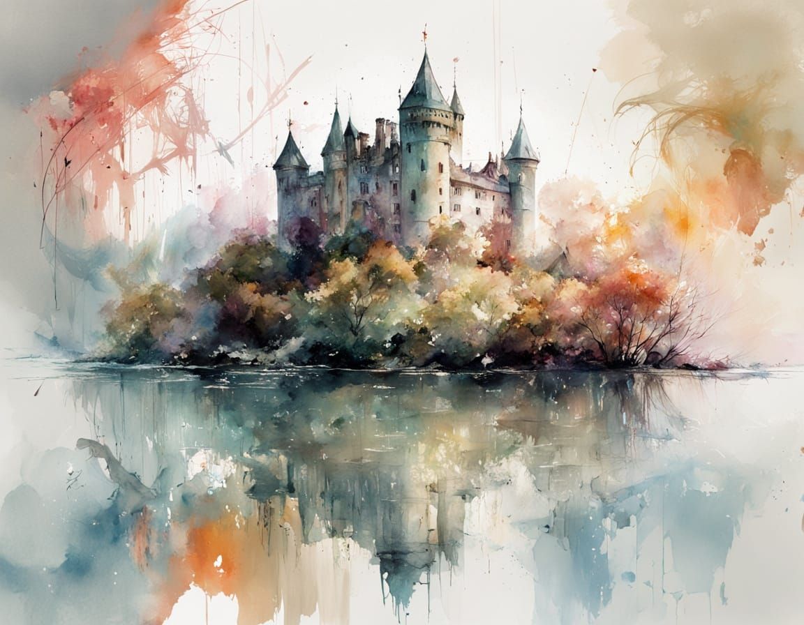 Dreamy color, Allegory style, (Art style by Casey Bo: 1.1), Painting of a castle in front of a river ...  by @Chaim