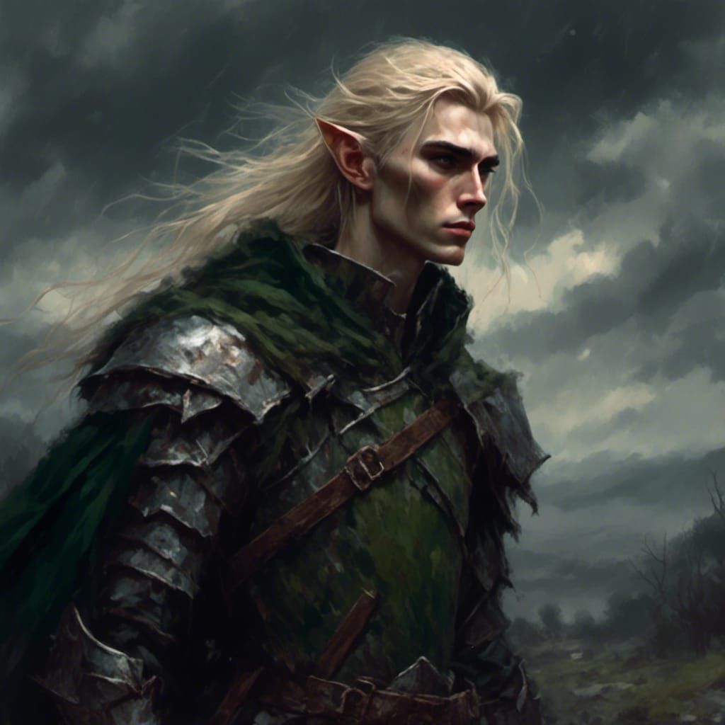 Blond-haired male elf, youth, thin, skinny, long straight hair. Wearing ...