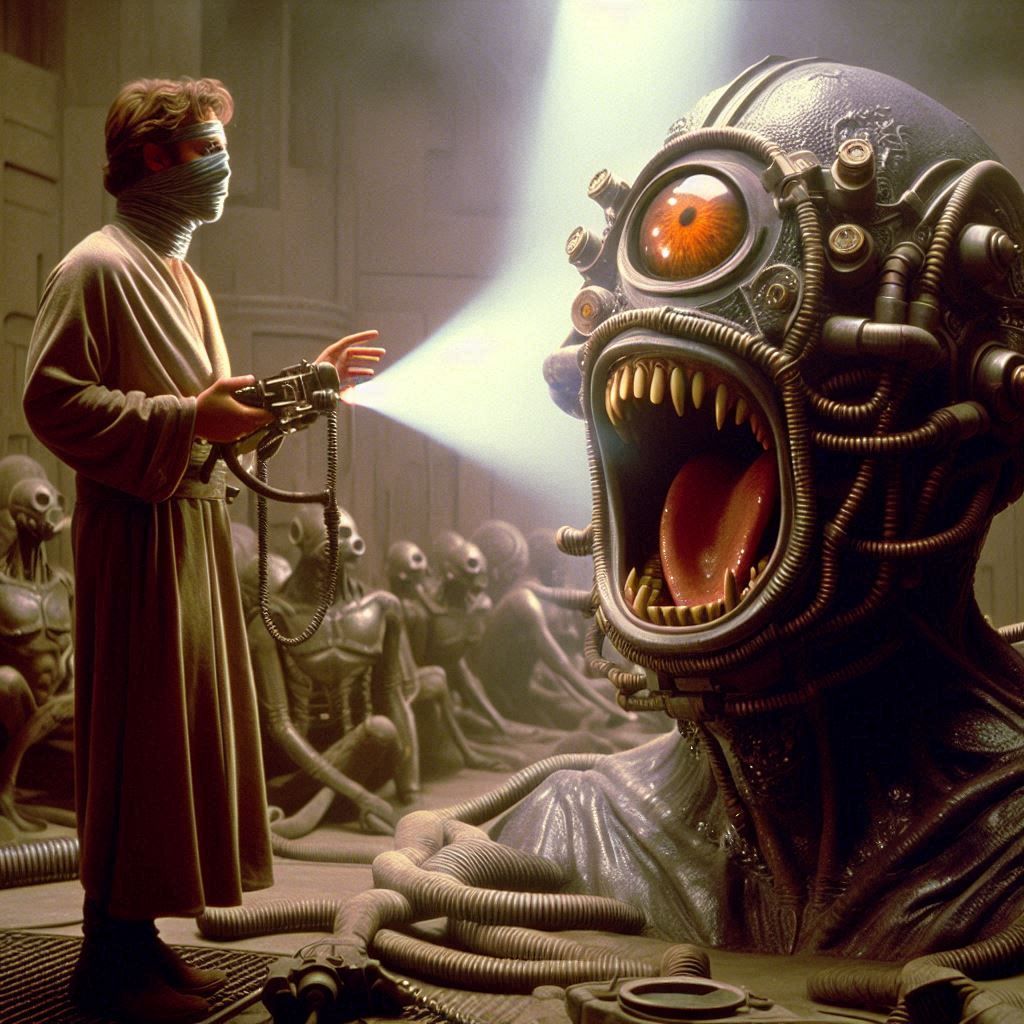 Scene from a scifi movie called "I have no mouth, and I must scream". Candy art style! Whimsical playful colorful! candy!!! 🍬🍭 Candyland a...