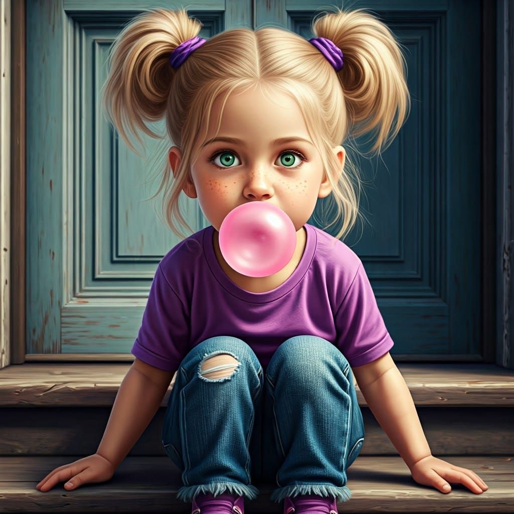 close up of a little girl with blonde hair pulled up into two messy buns, with freckles and bright green ...  by @Debi 