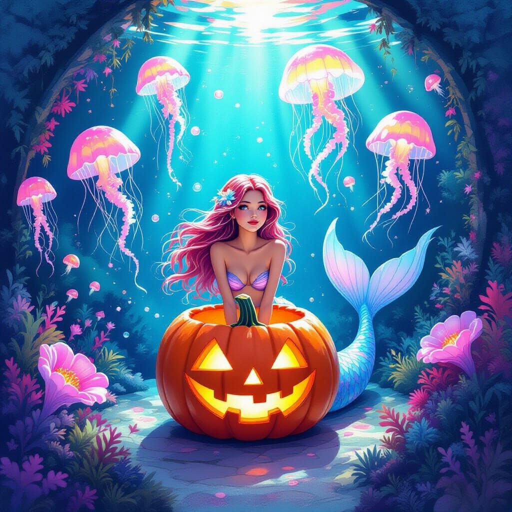 Underwater Mermaid's Pumpkin Tea Party in Watercolor Style