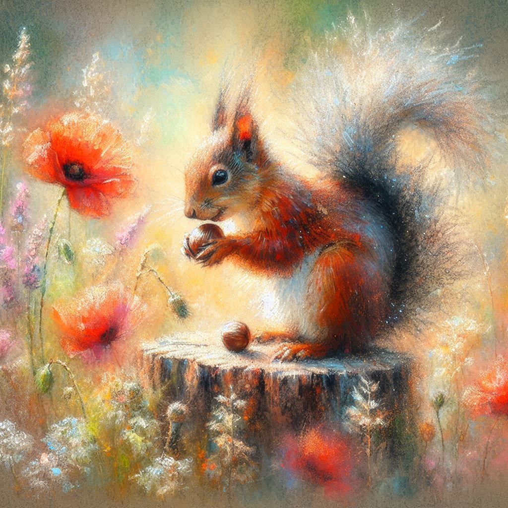 Terry the Red Squirrel, the poppies and his Hazelnut