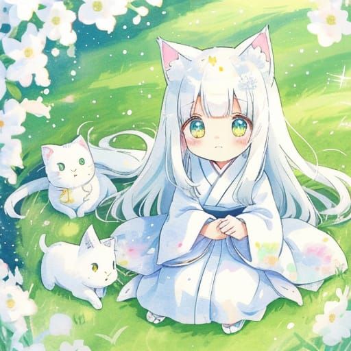 Kawaii Anime Girl with White Cat Ears in Japanese Garden