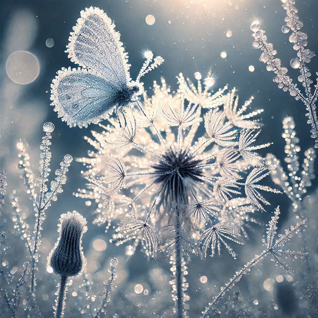 Frost dandelion with frozen butterfly
