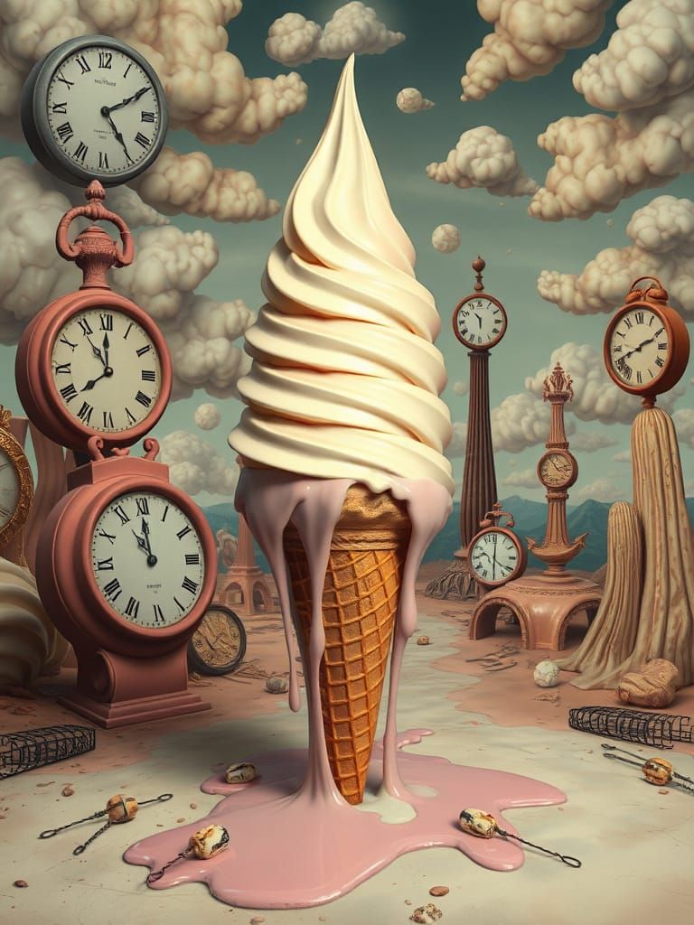 : A melting ice cream cone in the style of Salvador Dali's "The Persistence of Memory", with the ice ...  by @JFX3d UK