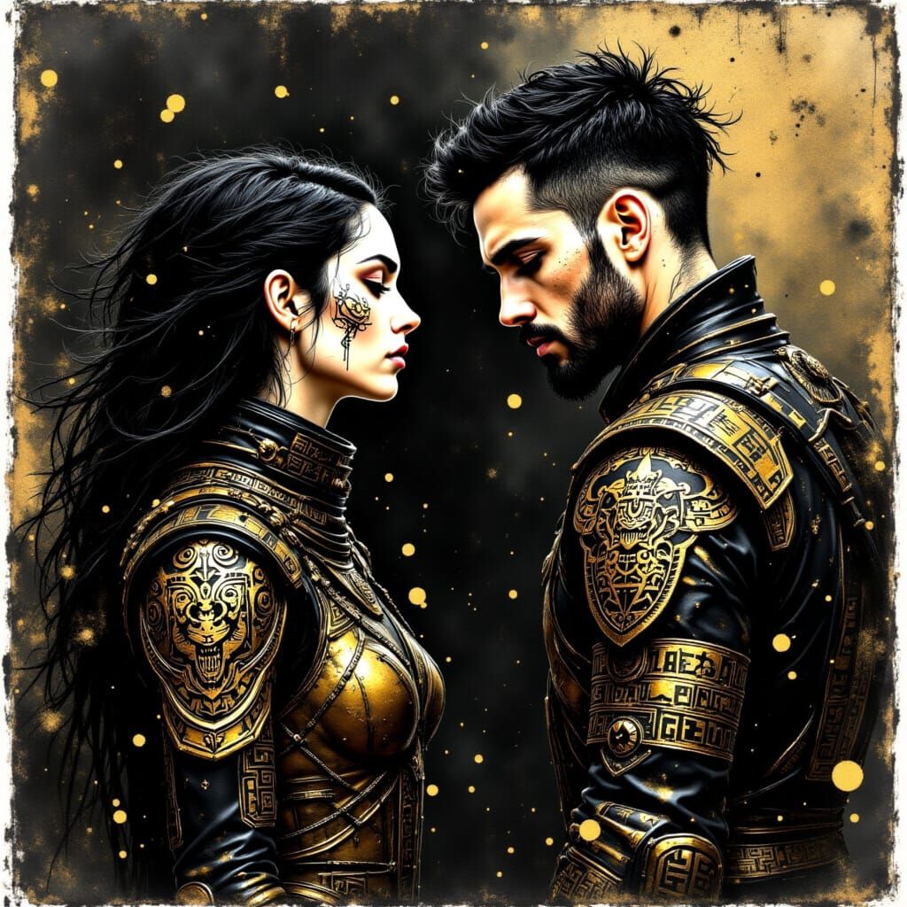 <lora:Ancient Gold:1.0> Hyper realistic Grunge Scratchy textured ink lines. inky watercolour washes. Bold scratchy outline on aged black can...