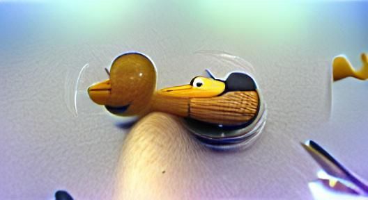 cartoon duck using a toothpick; matte finish; fisheye lens