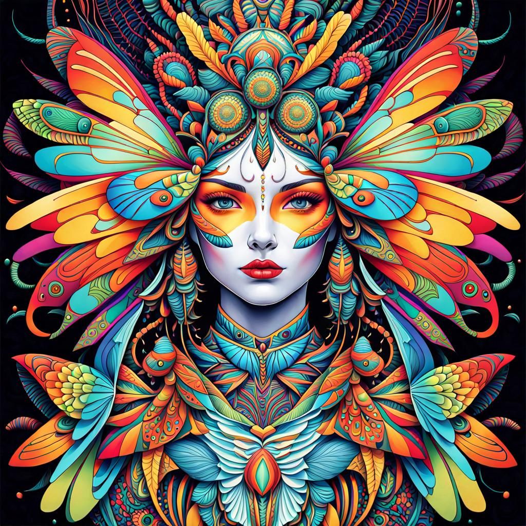 (Hyper detailed portrait of a beautiful insect woman in psychedelic ...