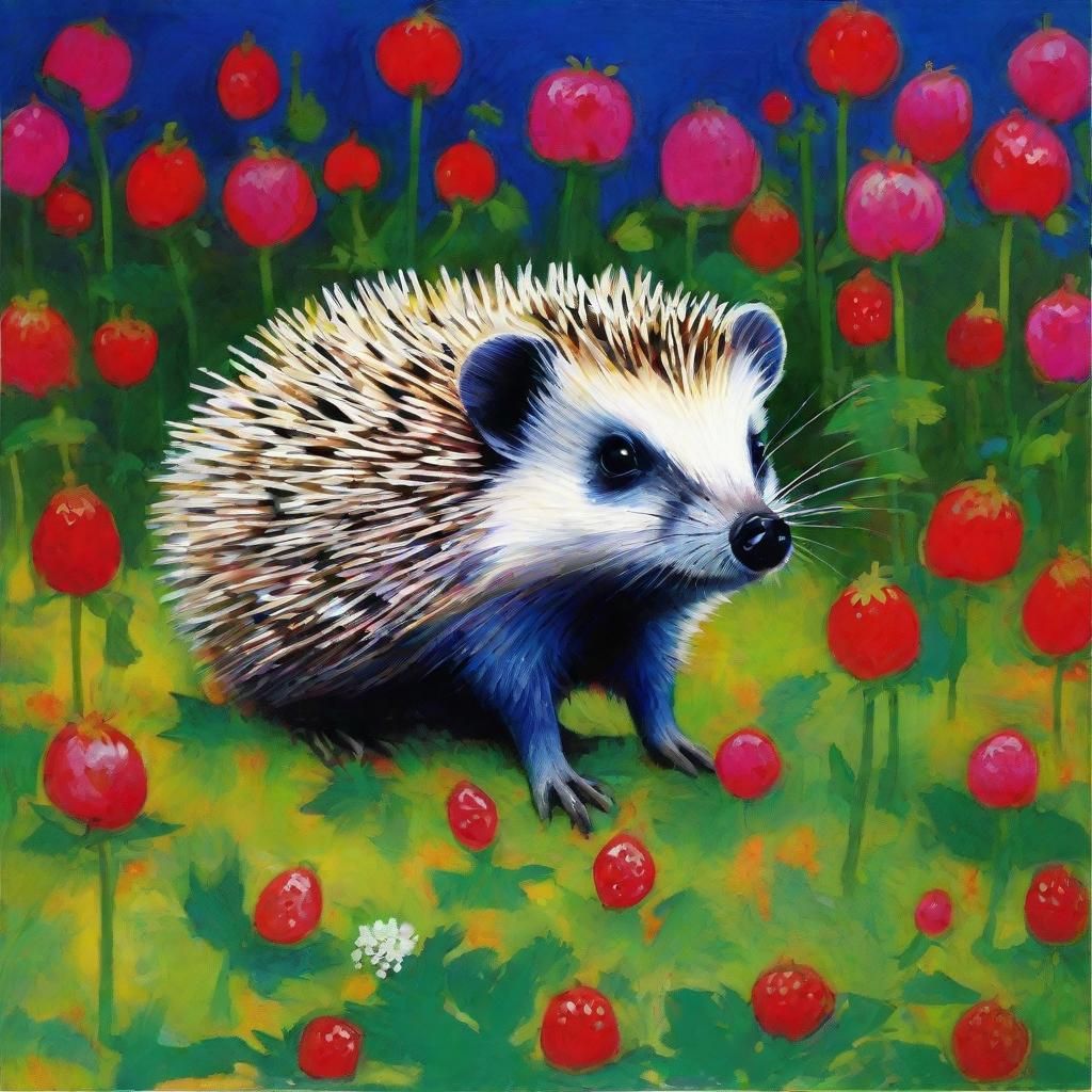 Fluorescent hedgehog on strawberry field 
Fluorescent colors...