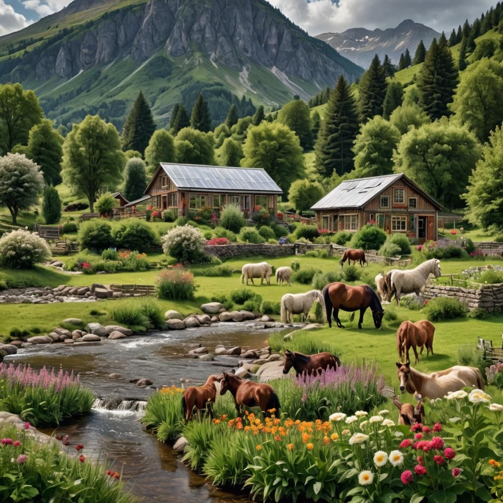 Idyllic Summer Cottage Scene with Animals and Garden