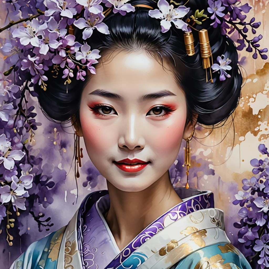 Portrait of a beautiful Geisha with violet flowers in her ha...