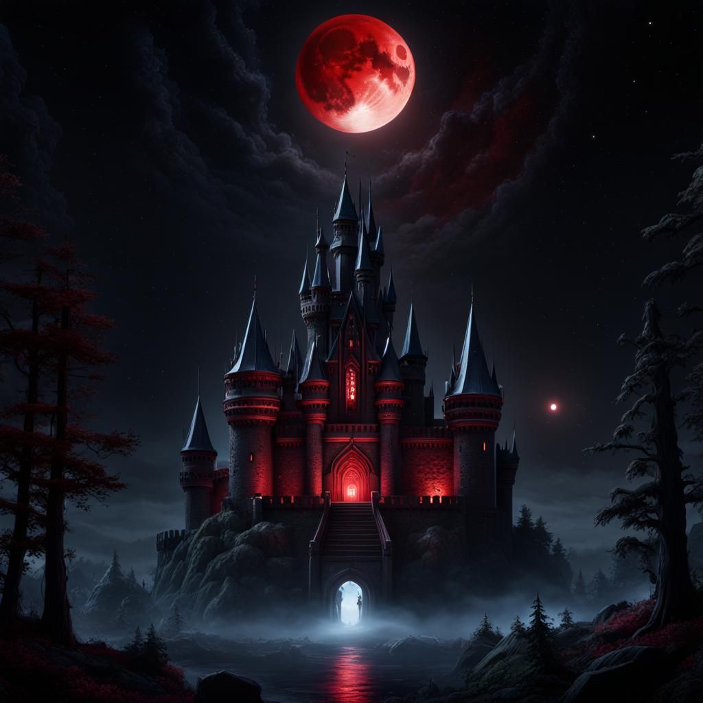 Dark castle under red moon. - AI Generated Artwork - NightCafe Creator