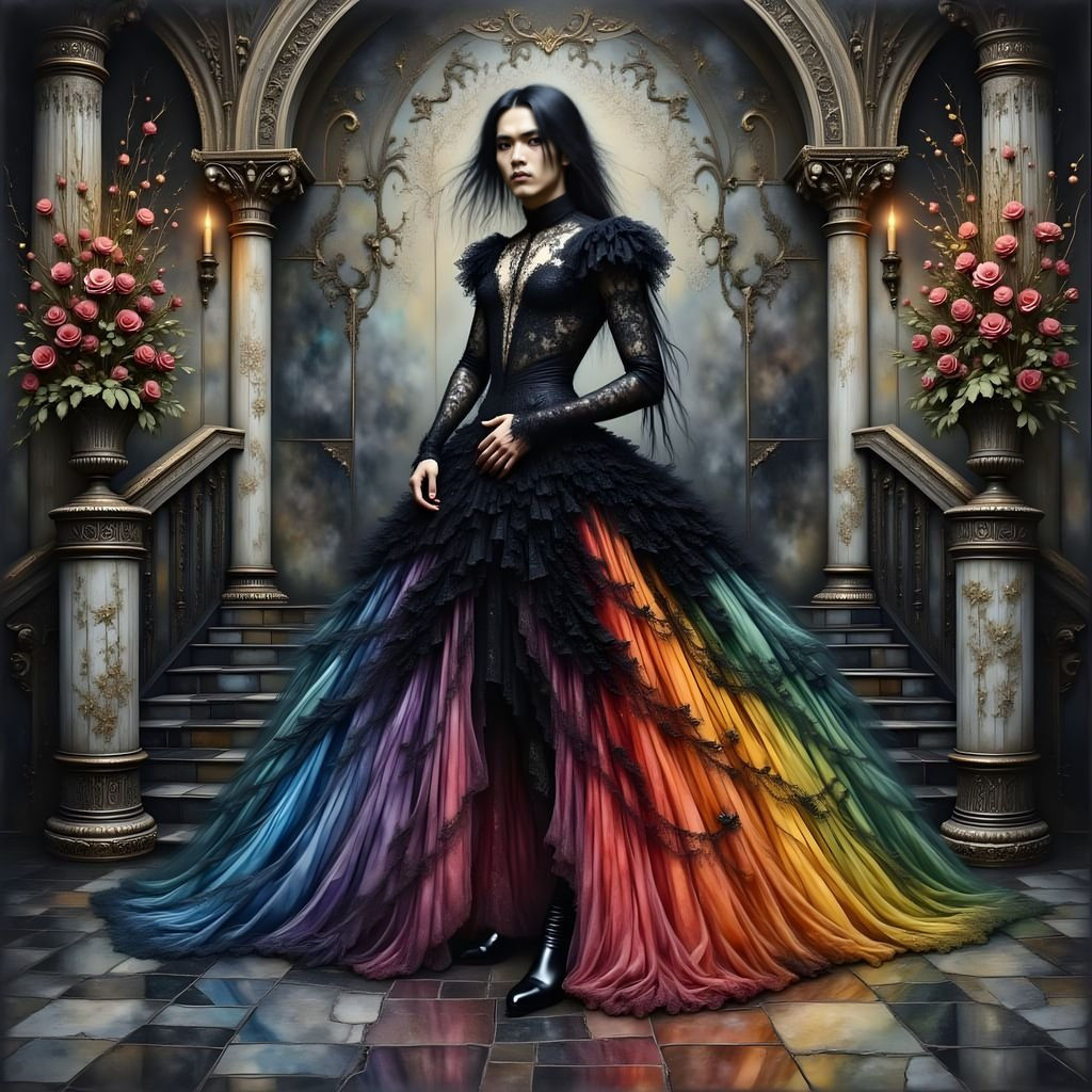 <lora:Dress Intensity:1.0> Watercolor dynamic drawing fantasy of an Asian goth man in a black rococo full ball gown with rainbow ruffles, no...