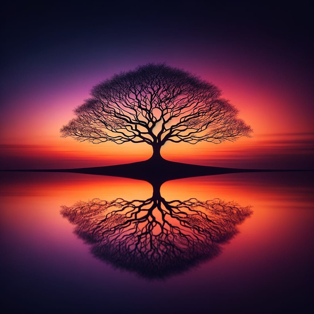 A solitary tree with intricate branches silhouetted against a vivid sunset, its dark outline reflected ...  by @KomBib