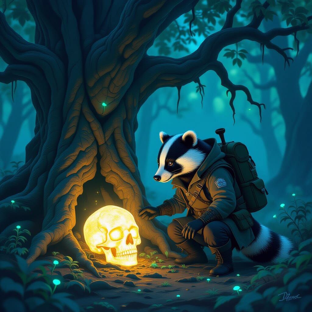 An anthropomorphic badger, clad in a tattered explorer's outfit, discovers a glowing, crystalline skull half-buried in the roots of an ancie...