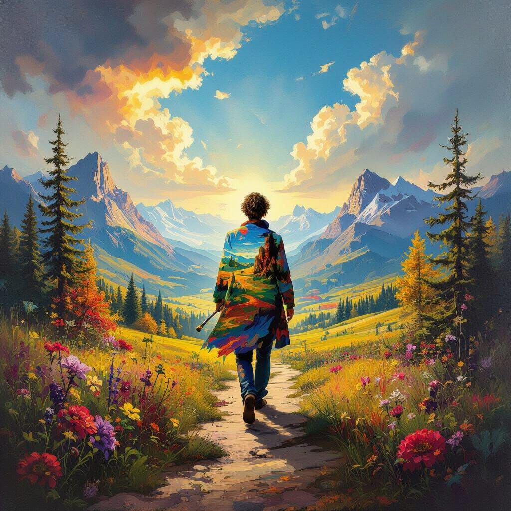 Artist Merges Into Vibrant Painted Landscape Surrealist Styl...