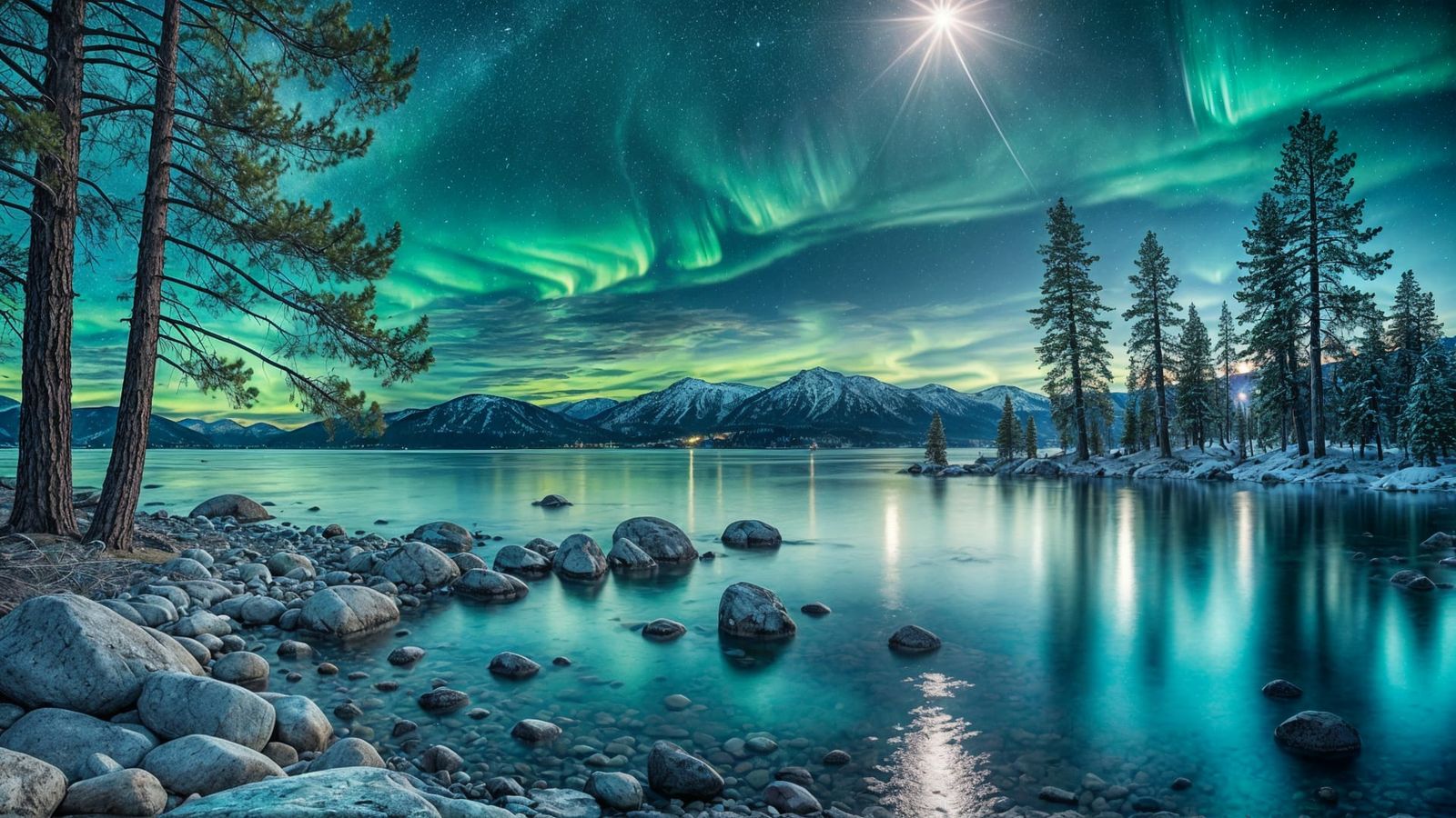 Lake Tahoe Calfornia at night under the auroras